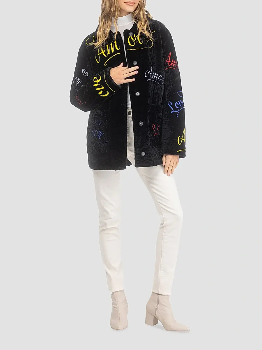 Gorski Women's Select Shearling Lamb Embroidered Love Coat | Thumbnail 2