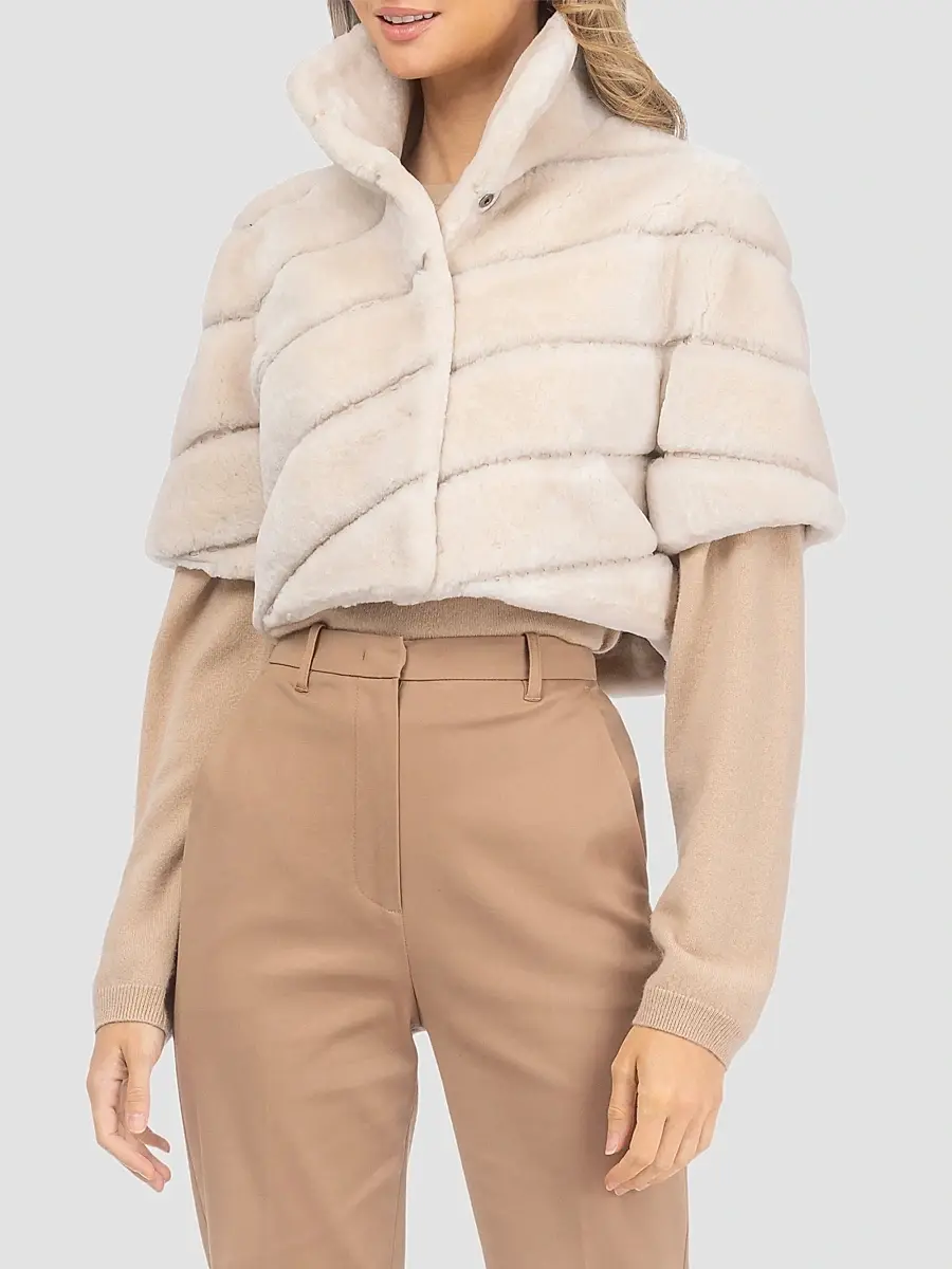 Gorski Women's Select Shearling Lamb Diagonal Bolero with Cropped Sleeves - Cream | Thumbnail 3