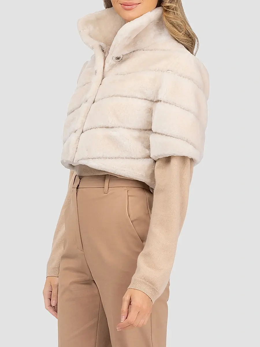 Gorski Women's Select Shearling Lamb Diagonal Bolero with Cropped Sleeves - Cream | Thumbnail 4