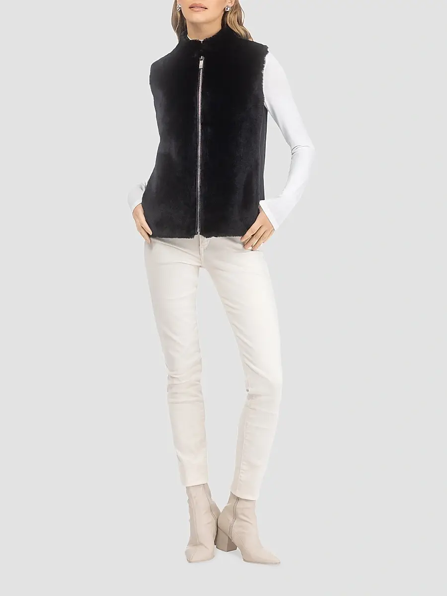 Gorski Women's Select Shearling Lamb Zip Vest with Wool - Black | Thumbnail 2 Gorski Women's Select Shearling Lamb Zip Vest with Wool - Black | Thumbnail 2