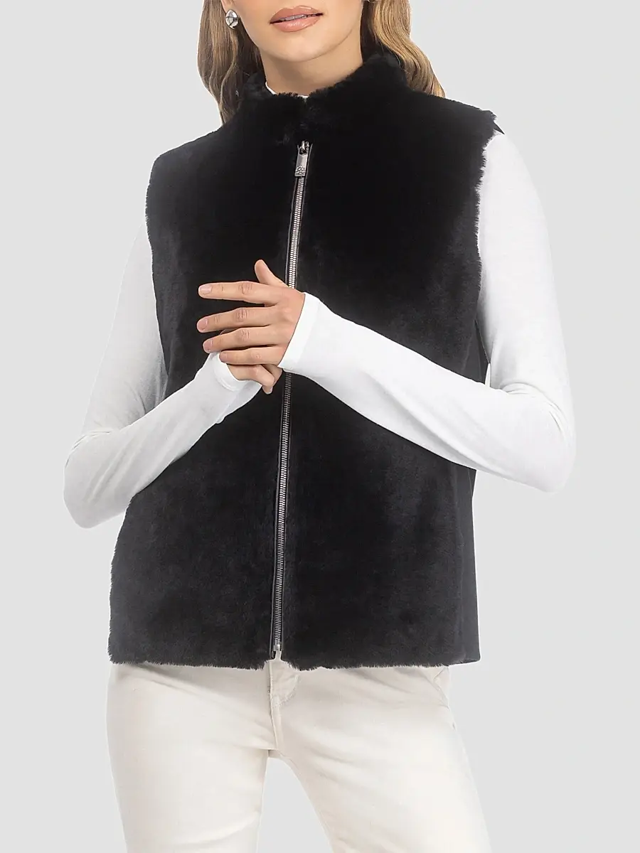 Gorski Women's Select Shearling Lamb Zip Vest with Wool - Black | Thumbnail 3 Gorski Women's Select Shearling Lamb Zip Vest with Wool - Black | Thumbnail 3