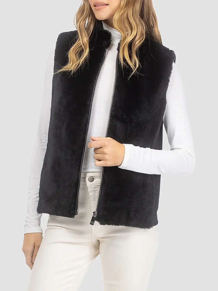 Gorski Women's Select Shearling Lamb Zip Vest with Wool - Black | Thumbnail 4 Gorski Women's Select Shearling Lamb Zip Vest with Wool - Black | Thumbnail 4