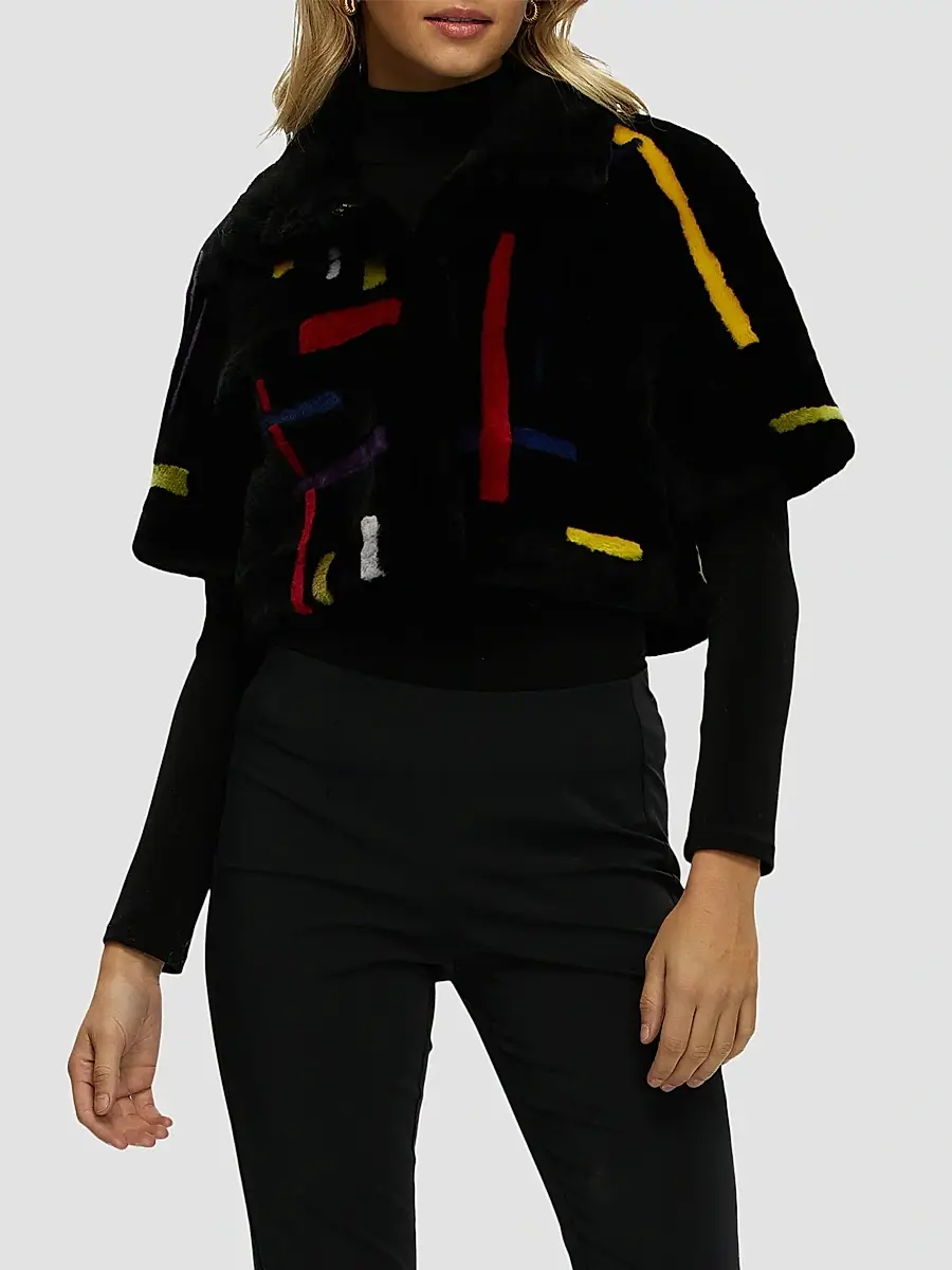 Gorski Women's Reversible Shearling Lamb Bolero with Cropped Sleeves - Black Multi | Thumbnail 3 Gorski Women's Reversible Shearling Lamb Bolero with Cropped Sleeves - Black Multi | Thumbnail 3