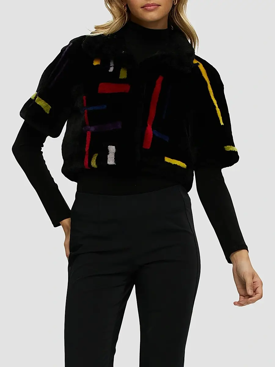 Gorski Women's Reversible Shearling Lamb Bolero with Cropped Sleeves - Black Multi | Thumbnail 4 Gorski Women's Reversible Shearling Lamb Bolero with Cropped Sleeves - Black Multi | Thumbnail 4