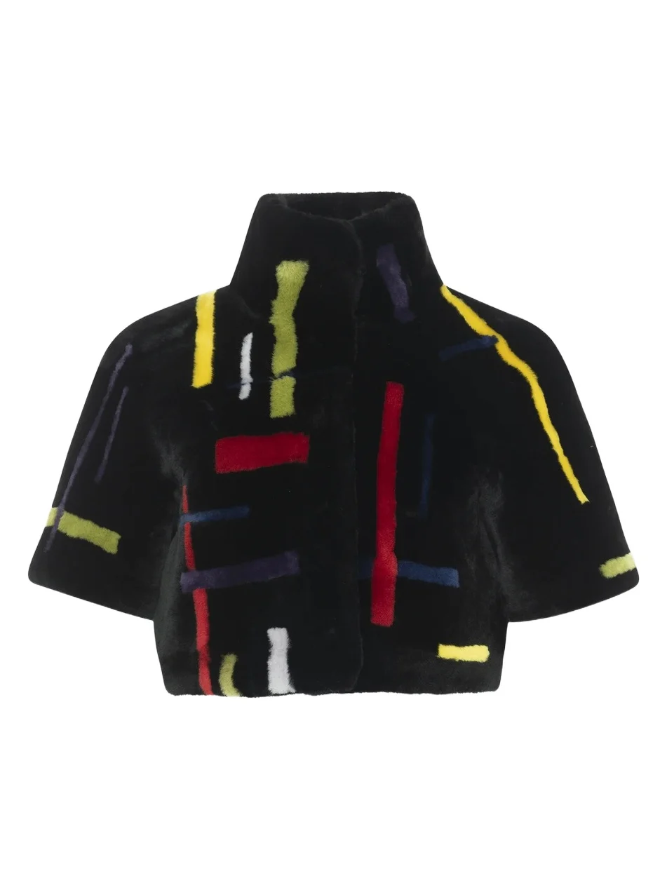 Women's Reversible Shearling Lamb Bolero with Cropped Sleeves - Black Multi