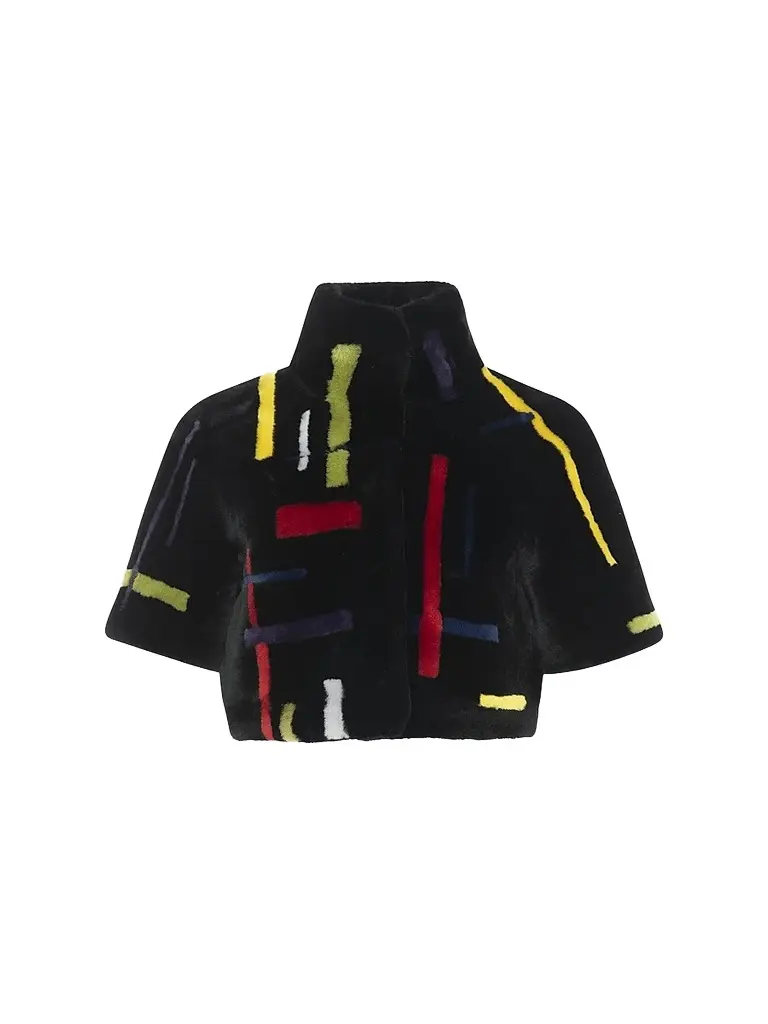 Gorski Women's Reversible Shearling Lamb Bolero with Cropped Sleeves - Black Multi - Size Medium | Image 1 Gorski Women's Reversible Shearling Lamb Bolero with Cropped Sleeves - Black Multi - Size Medium | Image 1