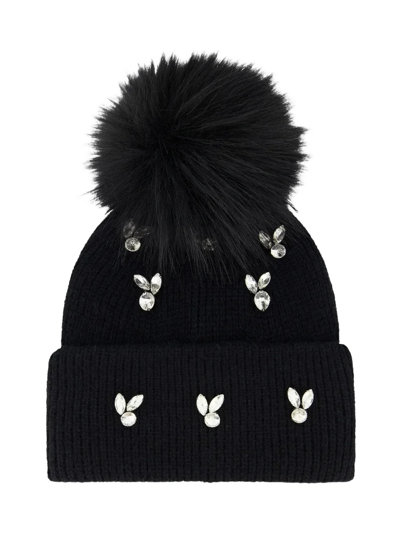 Lyla Grant Women's Knit Beanie Hat with Fox Pompom - Black