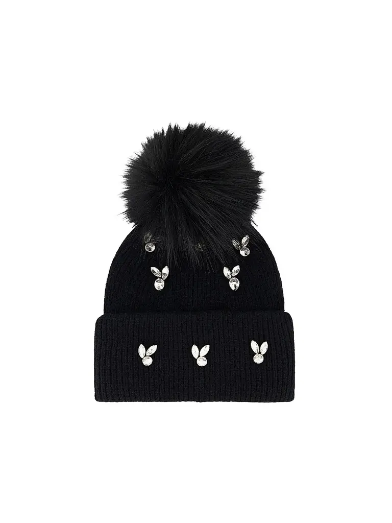 Lyla Grant Women's Knit Beanie Hat with Fox Pompom - Black | Image 1 Lyla Grant Women's Knit Beanie Hat with Fox Pompom - Black | Image 1