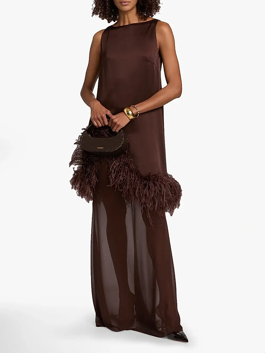Lapointe Women's Satin Feather-Trim Sleeveless Shift Dress | Thumbnail 3 Lapointe Women's Satin Feather-Trim Sleeveless Shift Dress | Thumbnail 3