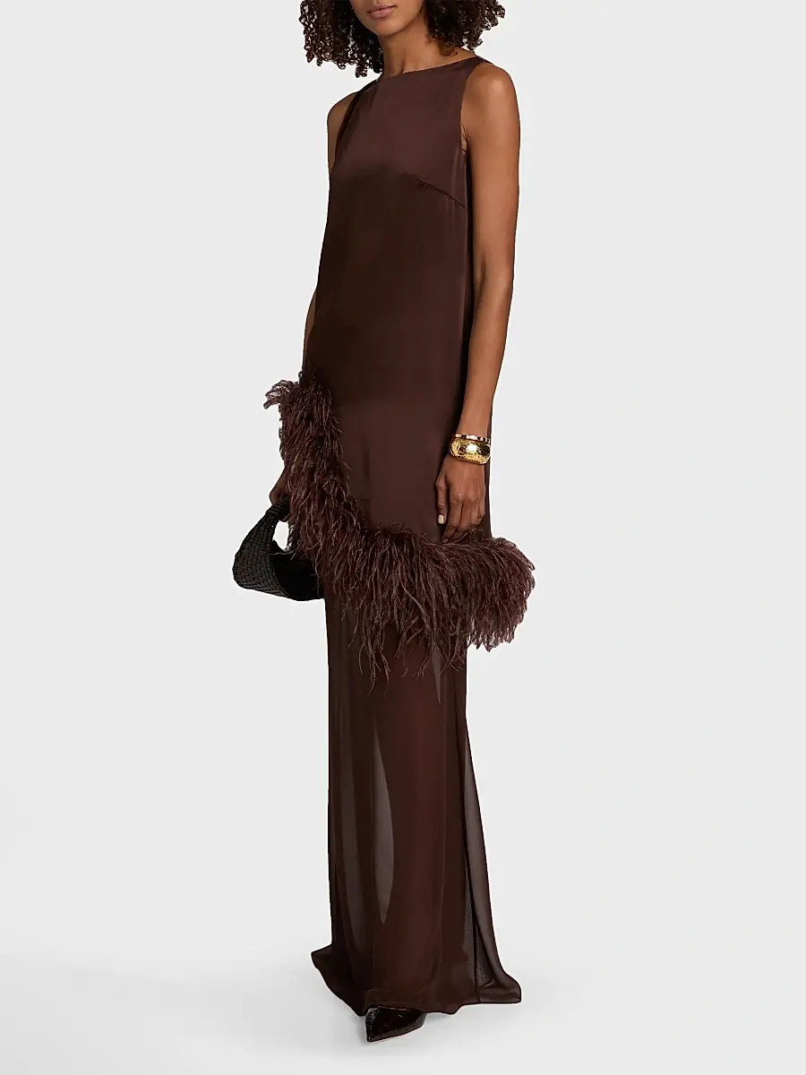 Lapointe Women's Satin Feather-Trim Sleeveless Shift Dress | Thumbnail 4 Lapointe Women's Satin Feather-Trim Sleeveless Shift Dress | Thumbnail 4