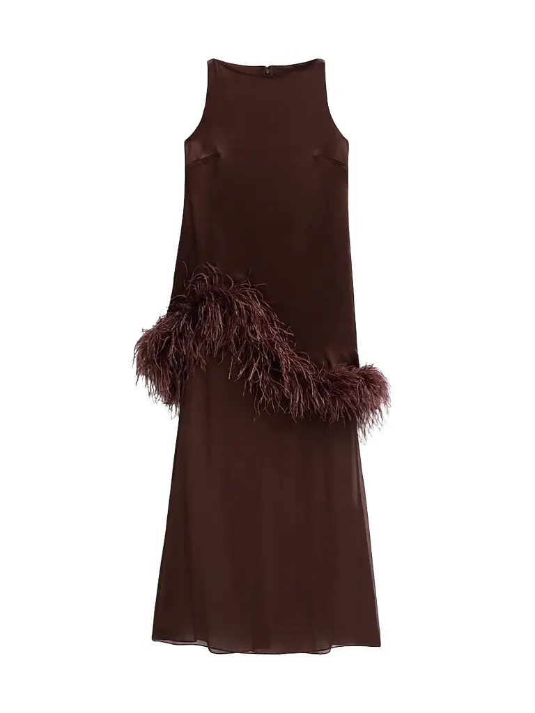 Lapointe Women's Satin Feather-Trim Sleeveless Shift Dress