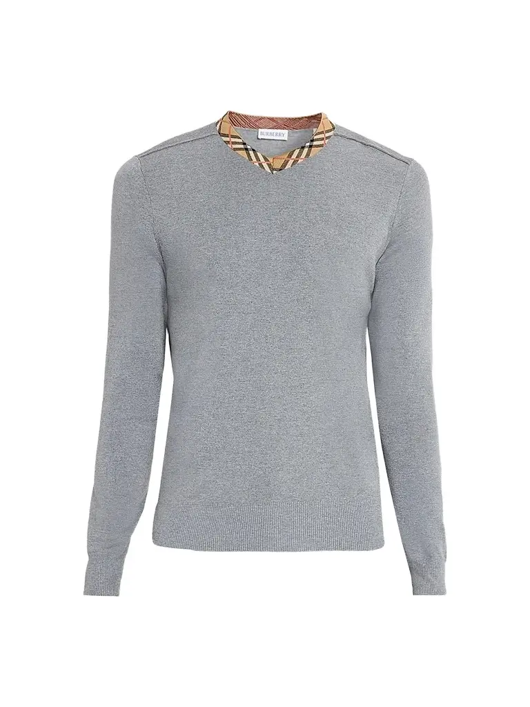 Burberry Men's Maxim Wool Check Collar Sweater - Grey | Image 1 Burberry Men's Maxim Wool Check Collar Sweater - Grey | Image 1