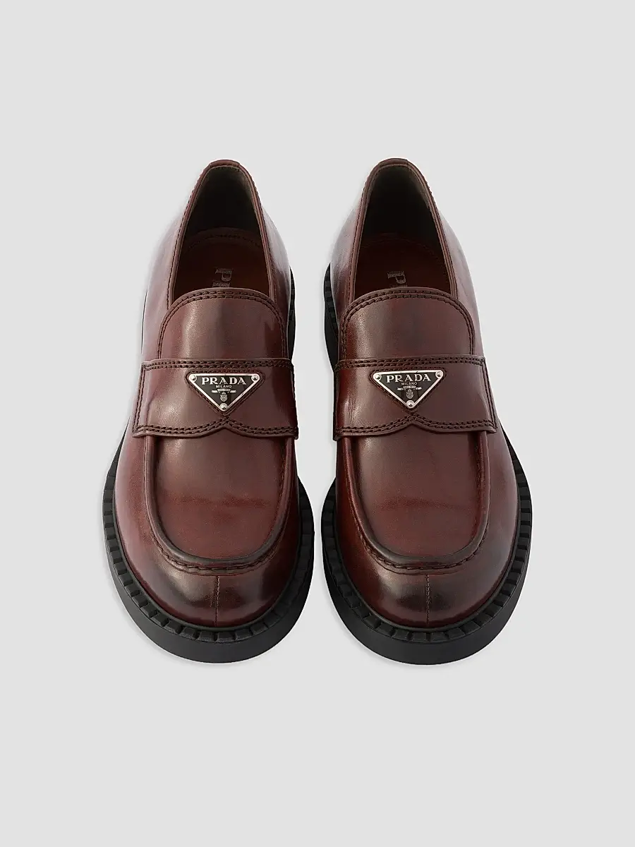 Prada Men's Chocolate Aged Leather Loafers | Thumbnail 2