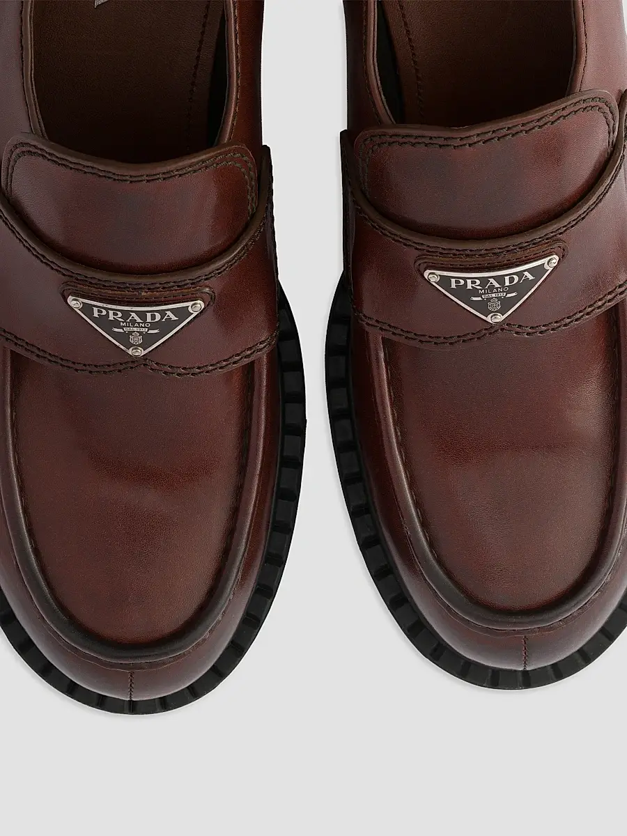 Prada Men's Chocolate Aged Leather Loafers | Thumbnail 4