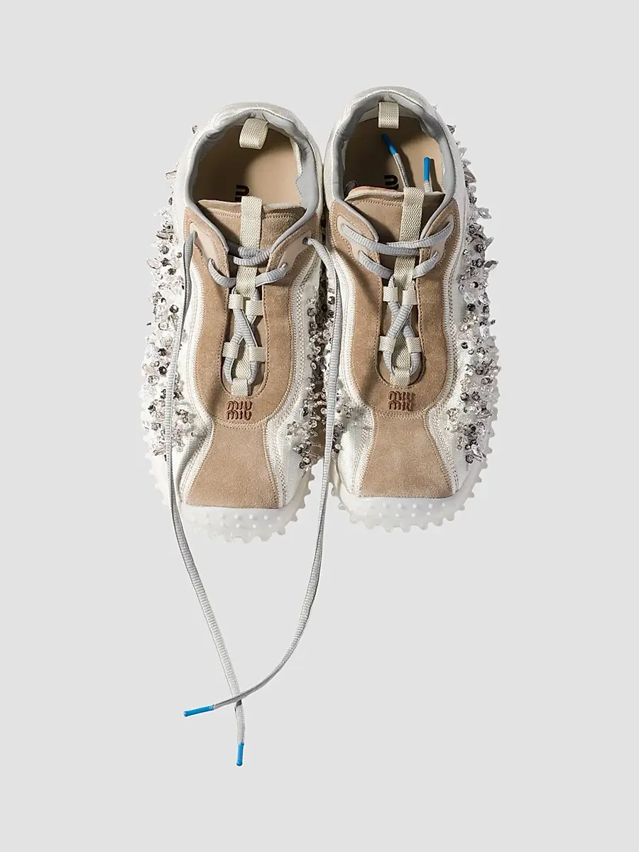 Miu Miu Women's Bubble Embroidered Technical Fabric and Suede Sneakers - Beige Khaki | Thumbnail 2