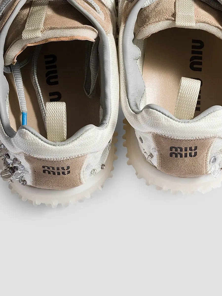 Miu Miu Women's Bubble Embroidered Technical Fabric and Suede Sneakers - Beige Khaki | Thumbnail 3