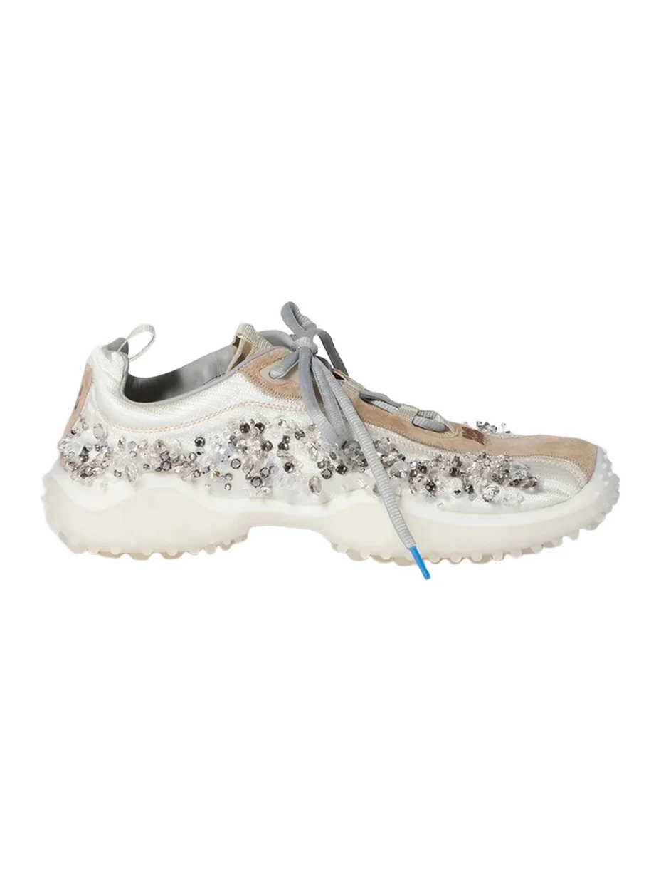 Women's Bubble Embroidered Technical Fabric and Suede Sneakers - Beige Khaki
