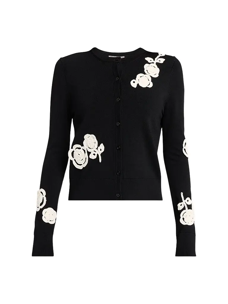Lela Rose Women's Crochet Appliqué Knit Cardigan - Black - Size XL | Image 1 Lela Rose Women's Crochet Appliqué Knit Cardigan - Black - Size XL | Image 1