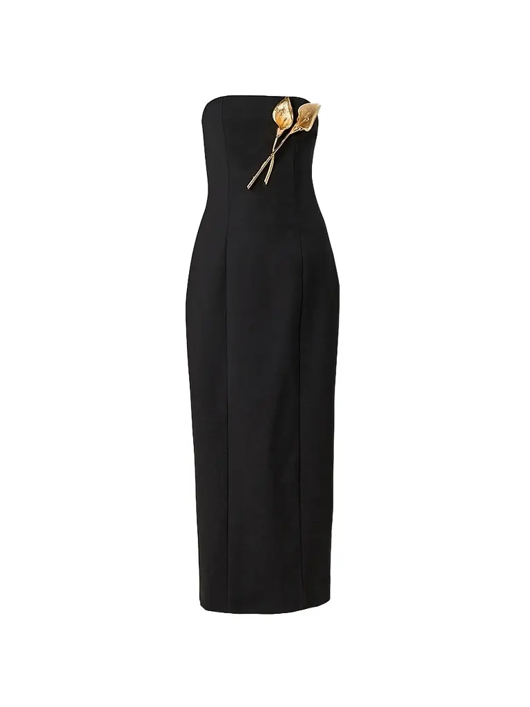 Carolina Herrera Women's Floral Brooch-Detailed Stretch Wool Gown - Black | Image 1 Carolina Herrera Women's Floral Brooch-Detailed Stretch Wool Gown - Black | Image 1