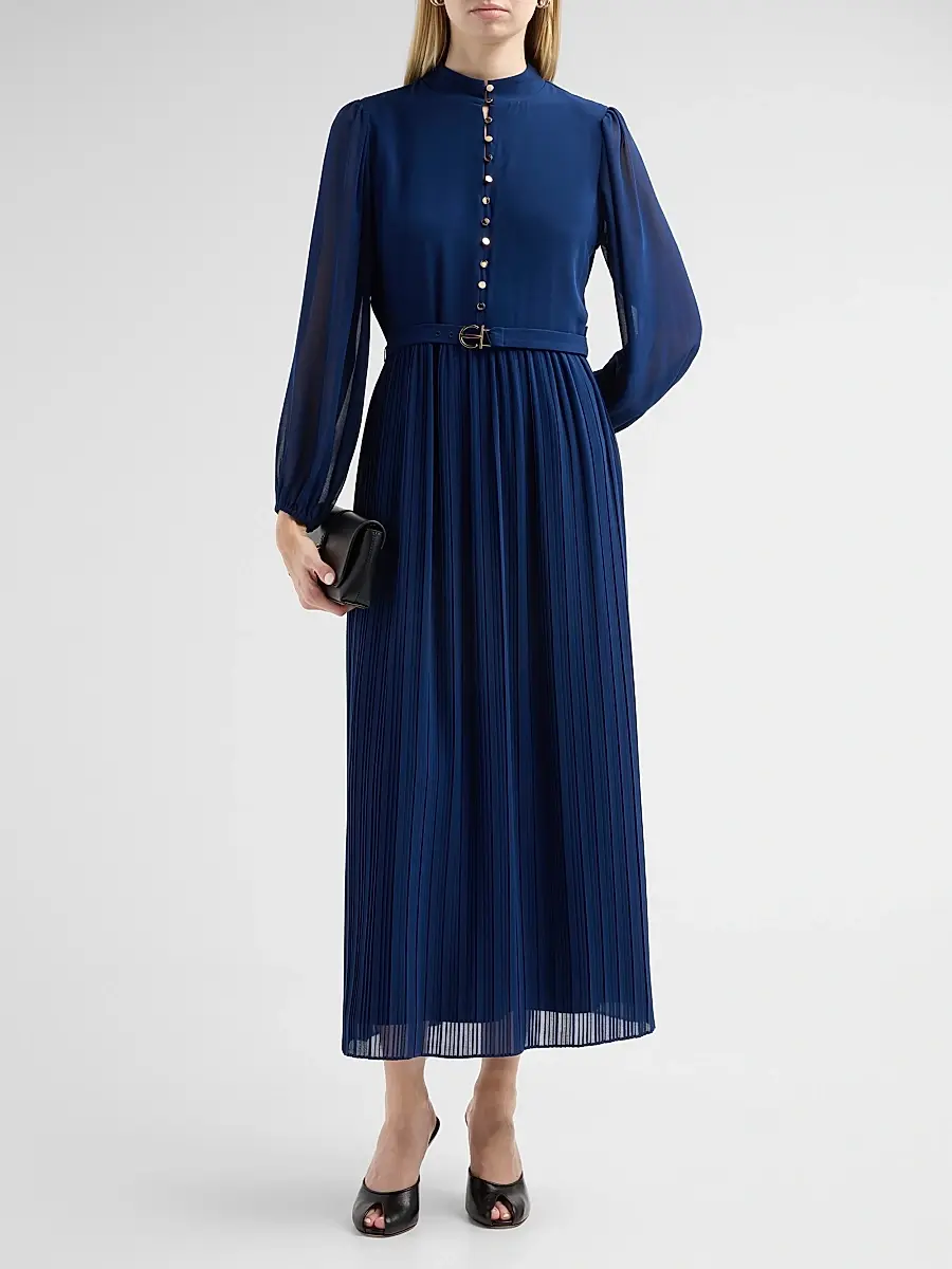 Elie Tahari Women's Adira Pleated A-Line Belted Midi-Dress | Thumbnail 2 Elie Tahari Women's Adira Pleated A-Line Belted Midi-Dress | Thumbnail 2