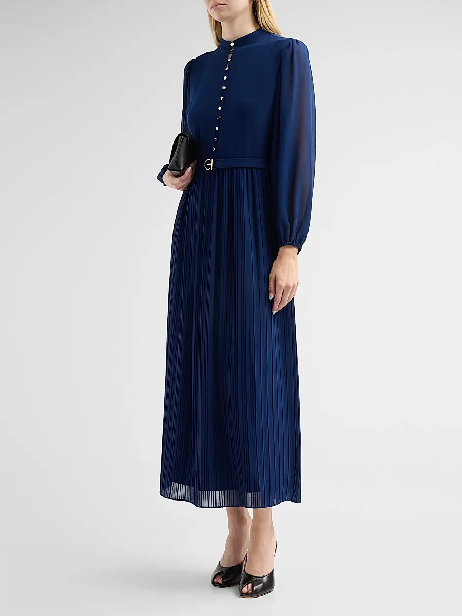 Elie Tahari Women's Adira Pleated A-Line Belted Midi-Dress | Thumbnail 4 Elie Tahari Women's Adira Pleated A-Line Belted Midi-Dress | Thumbnail 4