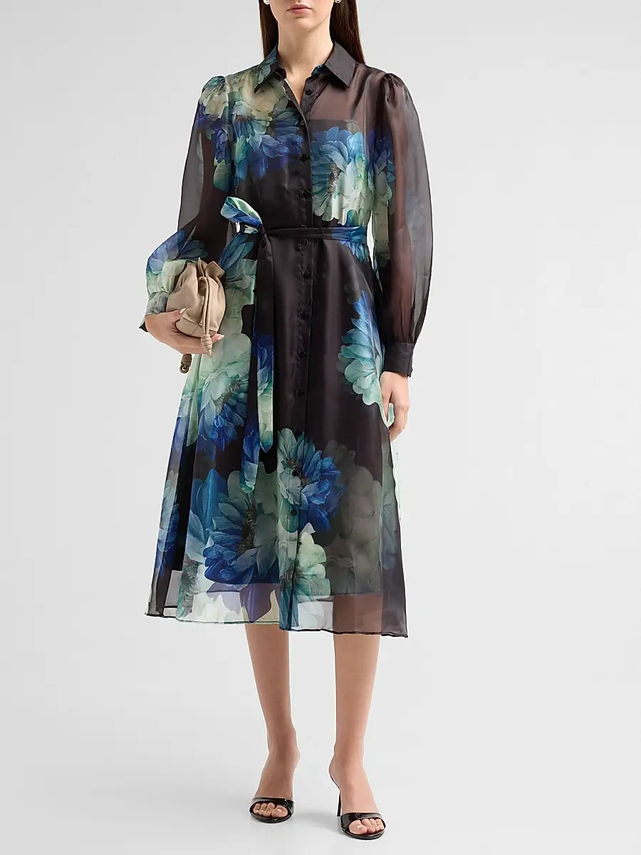 Elie Tahari Women's Romy Floral Organza Self-Belt Midi Shirtdress | Thumbnail 2 Elie Tahari Women's Romy Floral Organza Self-Belt Midi Shirtdress | Thumbnail 2