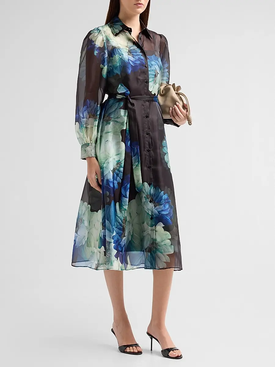 Elie Tahari Women's Romy Floral Organza Self-Belt Midi Shirtdress | Thumbnail 4 Elie Tahari Women's Romy Floral Organza Self-Belt Midi Shirtdress | Thumbnail 4
