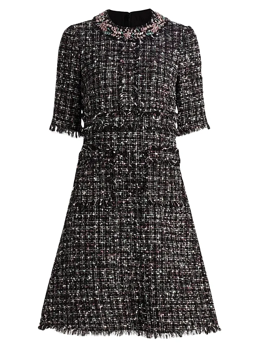 Teri Jon by Rickie Freeman Women's Embellished Tweed Fit & Flare Minidress - Black Multi | Image 1 Teri Jon by Rickie Freeman Women's Embellished Tweed Fit & Flare Minidress - Black Multi | Image 1