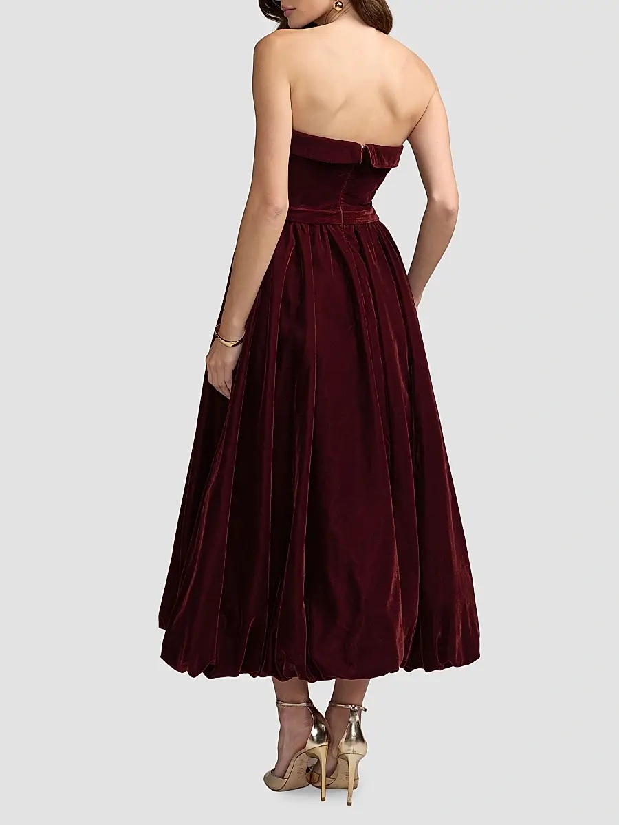 Mac Duggal Women's Velvet Strapless Bubble Hem Midi Dress | Thumbnail 2 Mac Duggal Women's Velvet Strapless Bubble Hem Midi Dress | Thumbnail 2