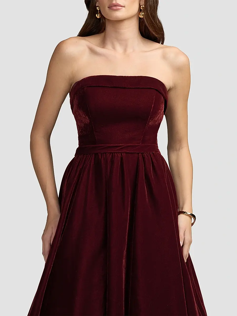 Mac Duggal Women's Velvet Strapless Bubble Hem Midi Dress | Thumbnail 3 Mac Duggal Women's Velvet Strapless Bubble Hem Midi Dress | Thumbnail 3