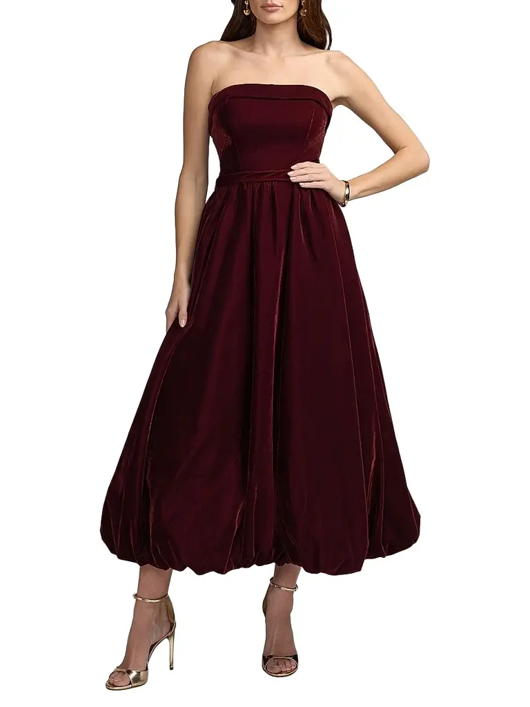 Mac Duggal Women's Velvet Strapless Bubble Hem Midi Dress - Wine | Image 1 Mac Duggal Women's Velvet Strapless Bubble Hem Midi Dress - Wine | Image 1