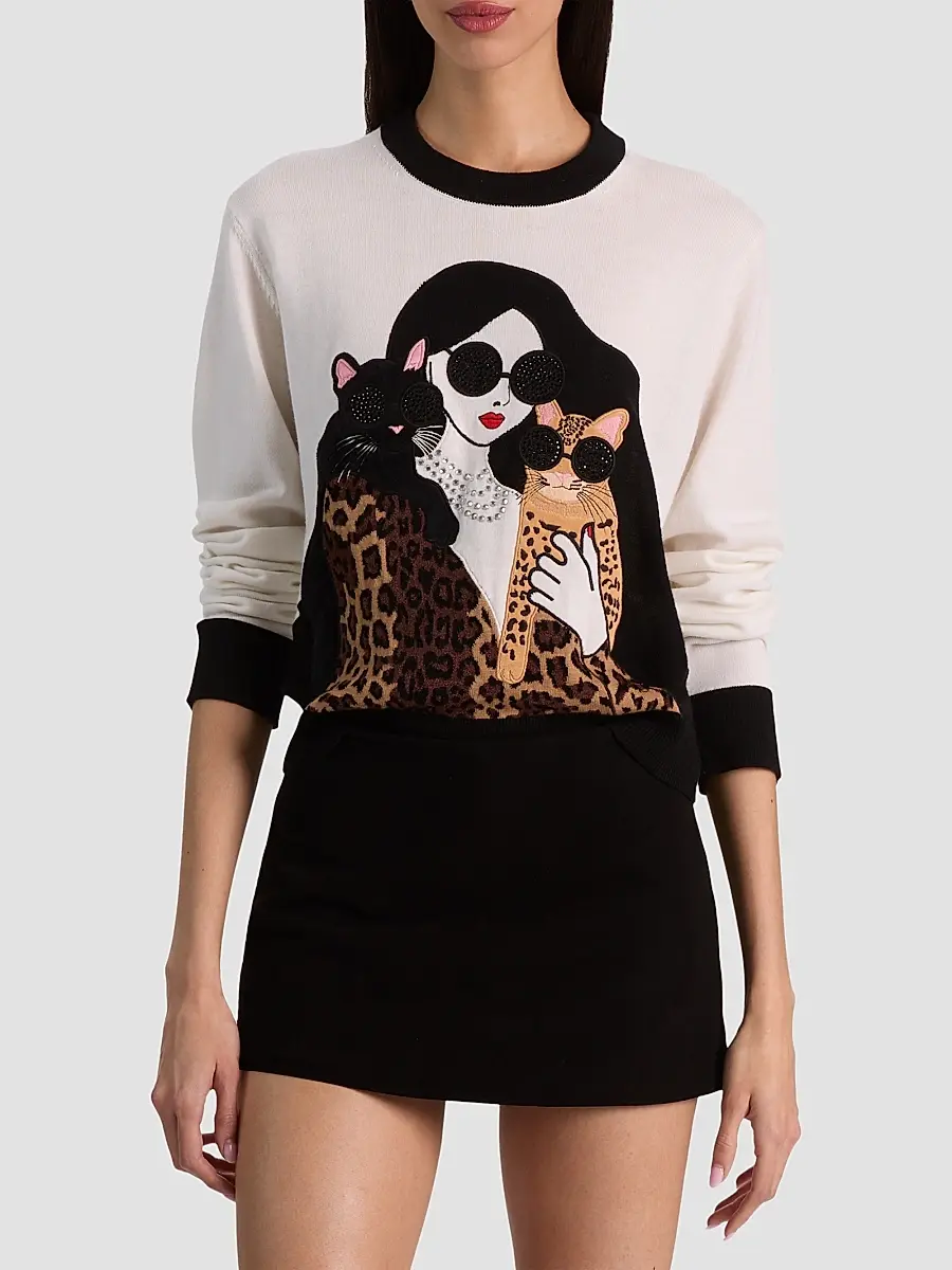 Alice + Olivia Women's Gleeson Staceface Leopard Merino Wool Pullover Sweater | Thumbnail 4