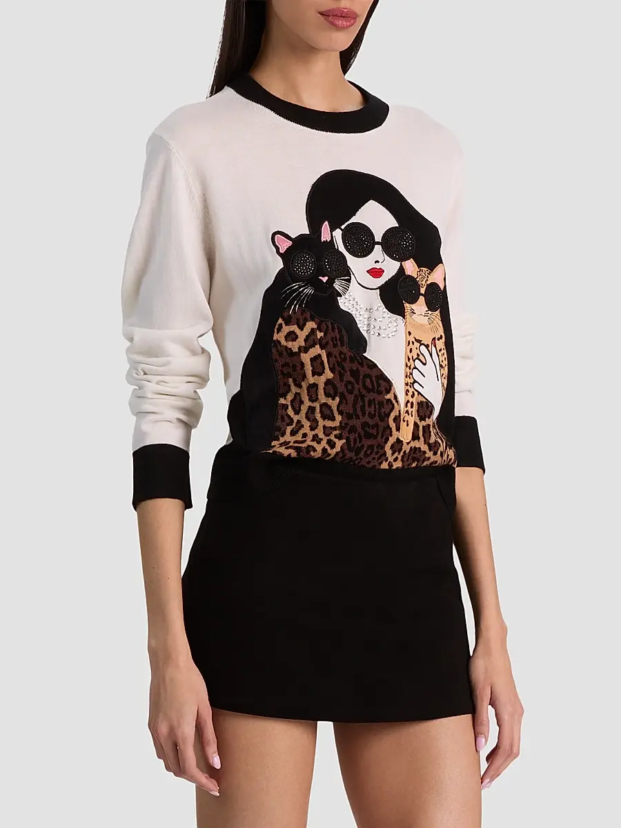 Alice + Olivia Women's Gleeson Staceface Leopard Merino Wool Pullover Sweater | Thumbnail 7