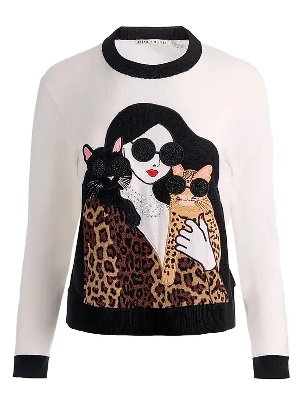 Alice + Olivia Women's Gleeson Staceface Leopard Merino Wool Pullover Sweater