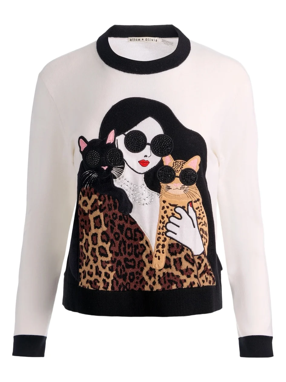 Alice + Olivia Women's Gleeson Staceface Leopard Merino Wool Pullover Sweater