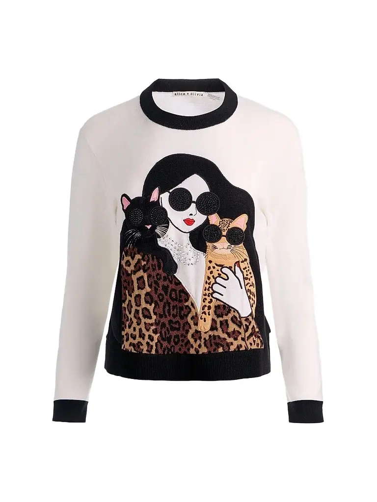 Alice + Olivia Women's Gleeson Staceface Leopard Merino Wool Pullover Sweater - Soft White Multi | Image 1 Alice + Olivia Women's Gleeson Staceface Leopard Merino Wool Pullover Sweater - Soft White Multi | Image 1