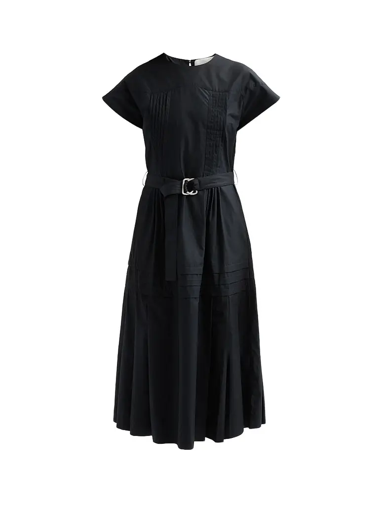 Women's Pleated Cotton Poplin Midi Dress