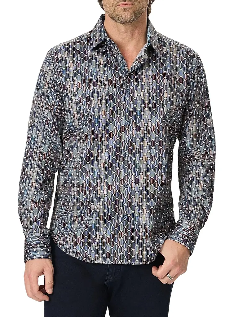 Robert Graham Men's Missing Links Printed Stretch-Cotton Shirt | Image 1 Robert Graham Men's Missing Links Printed Stretch-Cotton Shirt | Image 1