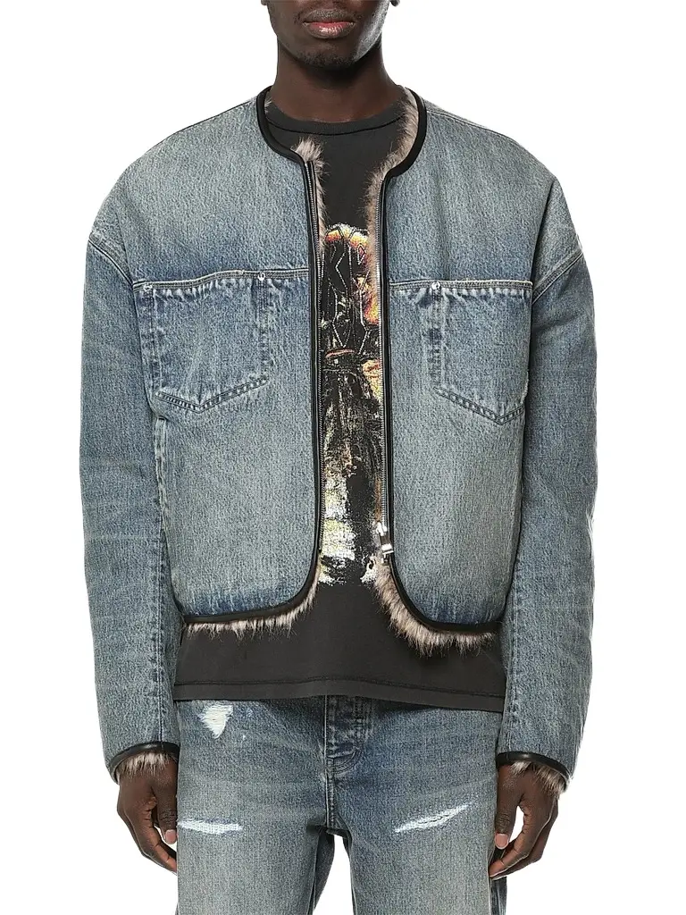 Purple Brand Men's Reversible Faux Fur & Denim Jacket - Blue | Image 1 Purple Brand Men's Reversible Faux Fur & Denim Jacket - Blue | Image 1