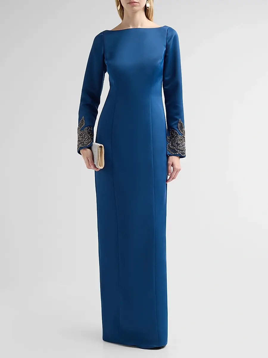 THEIA Women's Thea Embellished-Cuff Duchess Satin Gown | Thumbnail 2 THEIA Women's Thea Embellished-Cuff Duchess Satin Gown | Thumbnail 2