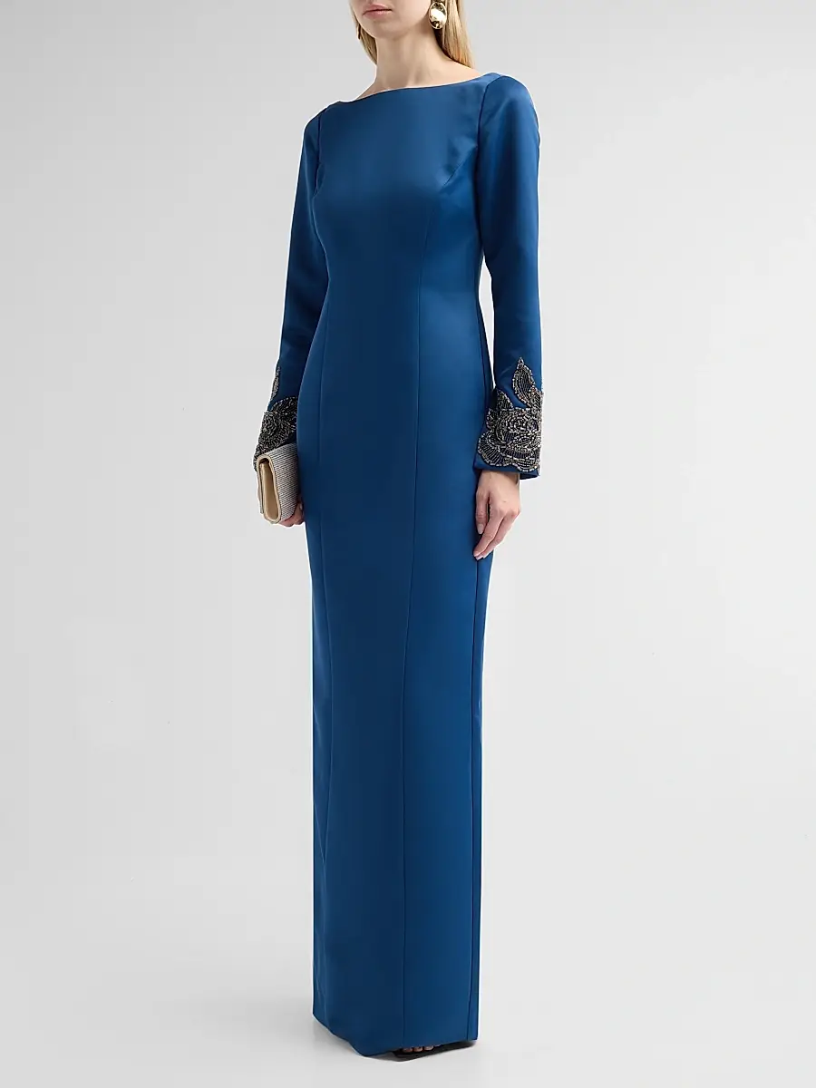 THEIA Women's Thea Embellished-Cuff Duchess Satin Gown | Thumbnail 4 THEIA Women's Thea Embellished-Cuff Duchess Satin Gown | Thumbnail 4