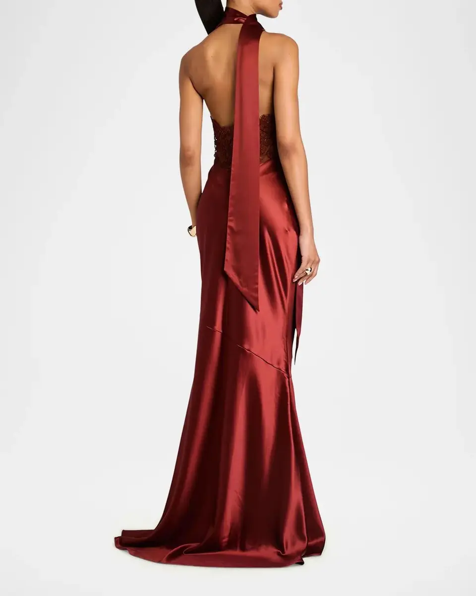 Retrofête Melly Satin Lace-Trim Scarf Gown | Thumbnail 3