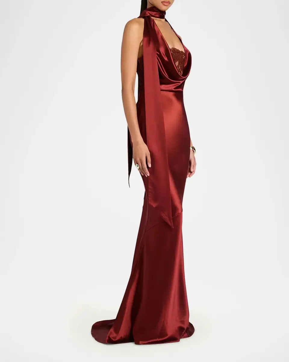 Retrofête Melly Satin Lace-Trim Scarf Gown | Thumbnail 4