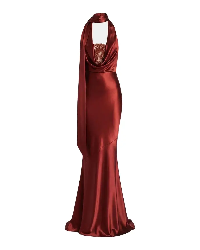 Melly Satin Lace-Trim Scarf Gown