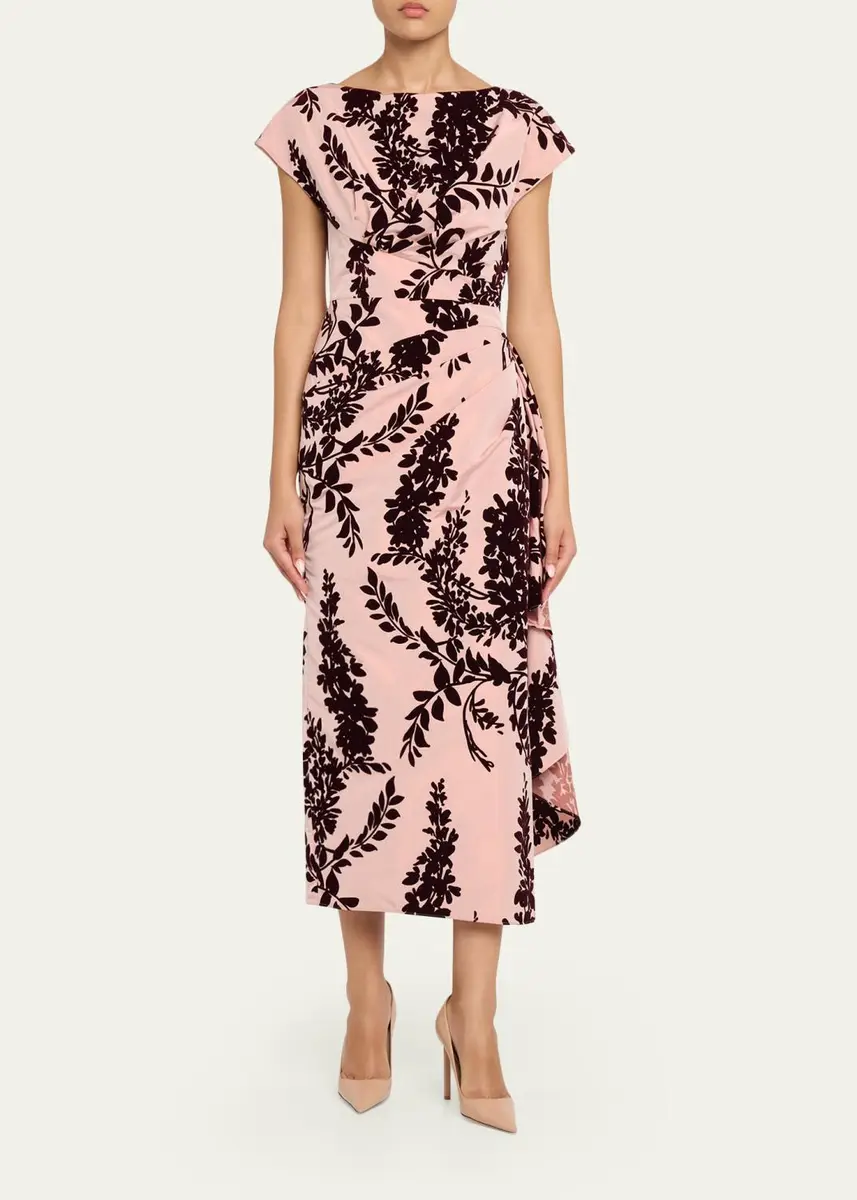 Lela Rose Flocked Taffeta Pleated Drape Midi Dress | Thumbnail 2
