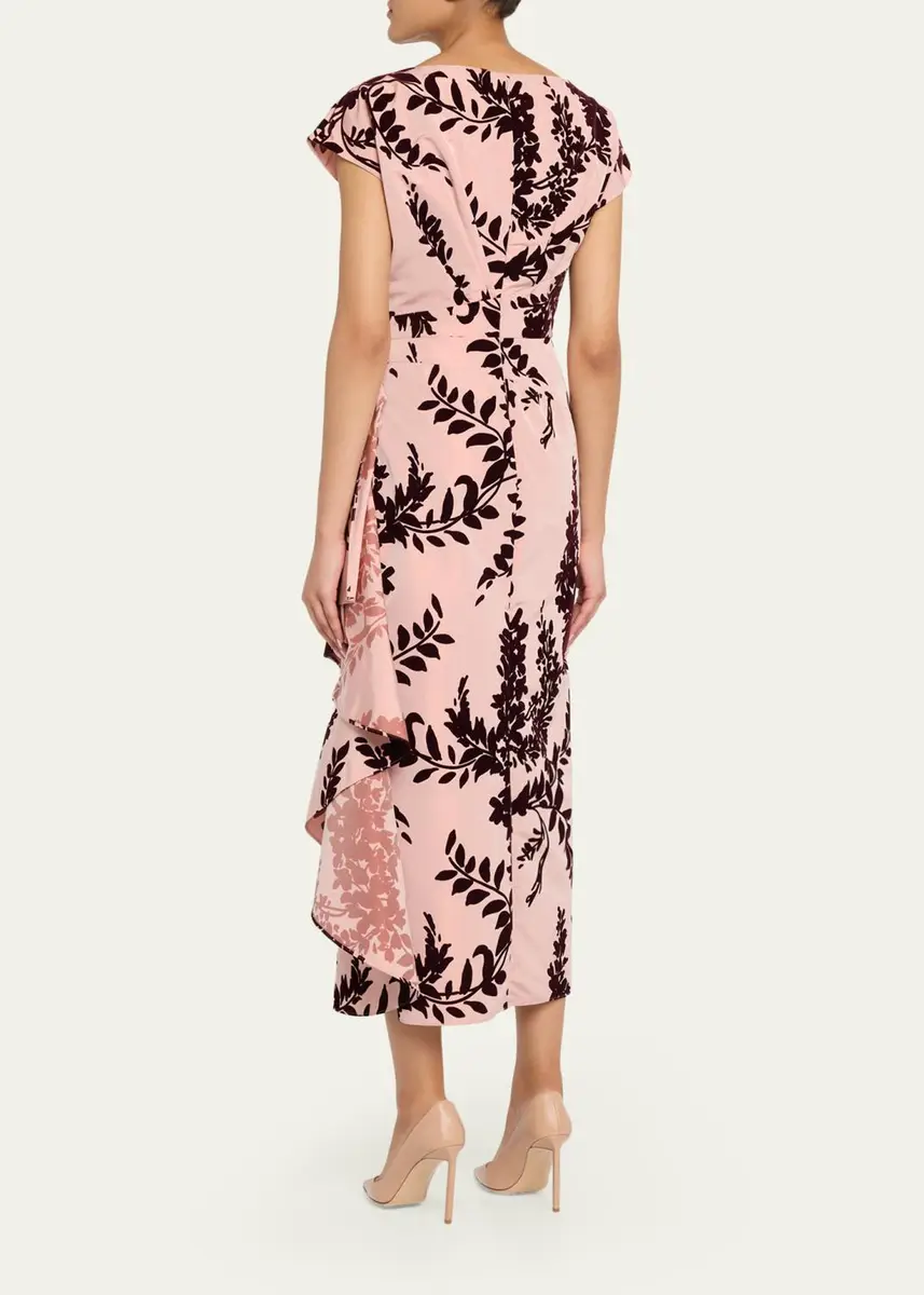 Lela Rose Flocked Taffeta Pleated Drape Midi Dress | Thumbnail 3