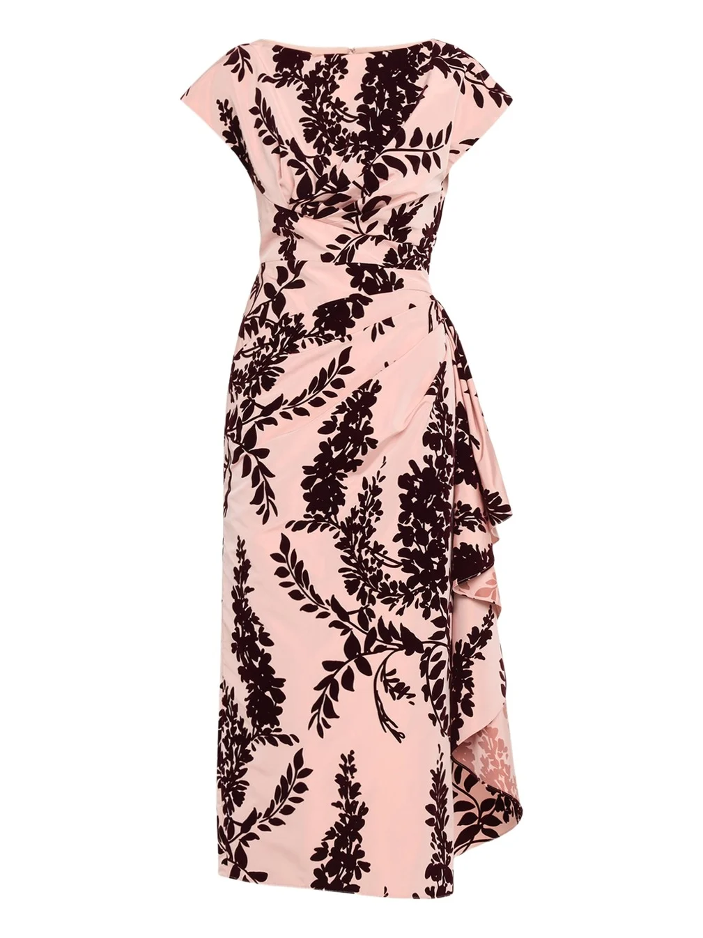 Lela Rose Flocked Taffeta Pleated Drape Midi Dress