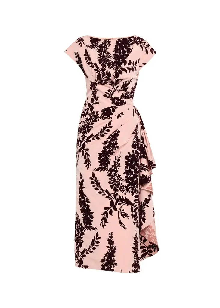 Lela Rose Flocked Taffeta Pleated Drape Midi Dress | Image 1 Lela Rose Flocked Taffeta Pleated Drape Midi Dress | Image 1