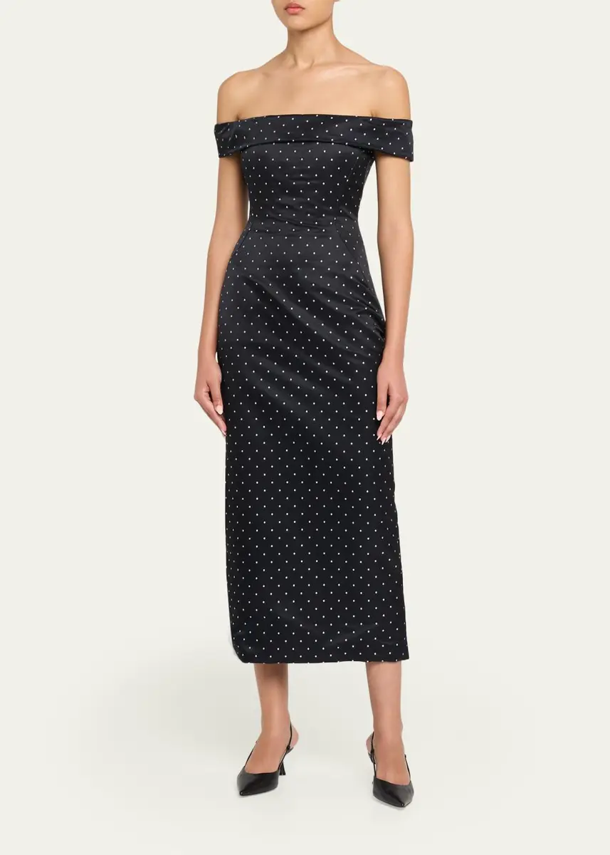 Lela Rose Polka-Dot Jacquard Off-The-Shoulder Midi Dress | Thumbnail 2