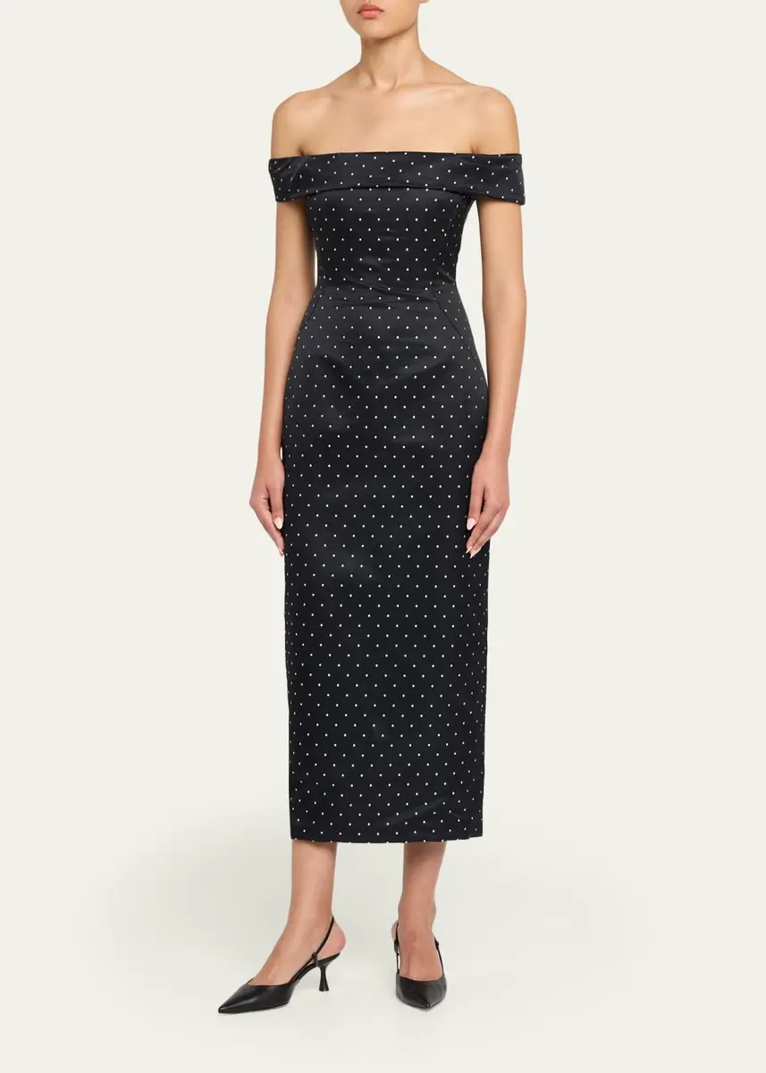Lela Rose Polka-Dot Jacquard Off-The-Shoulder Midi Dress | Thumbnail 4